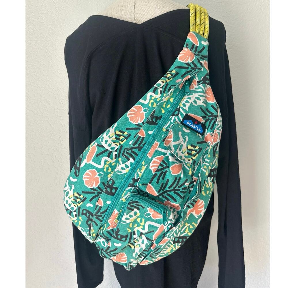 KAVU Rope Sling Bag Tropical Print Teal Crossbody Festival Bag